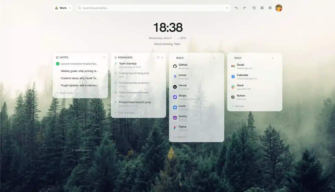 Tabisto New Tab Dashboard to manage bookmarks. tabs, notes, reminders, workspaces, etc.