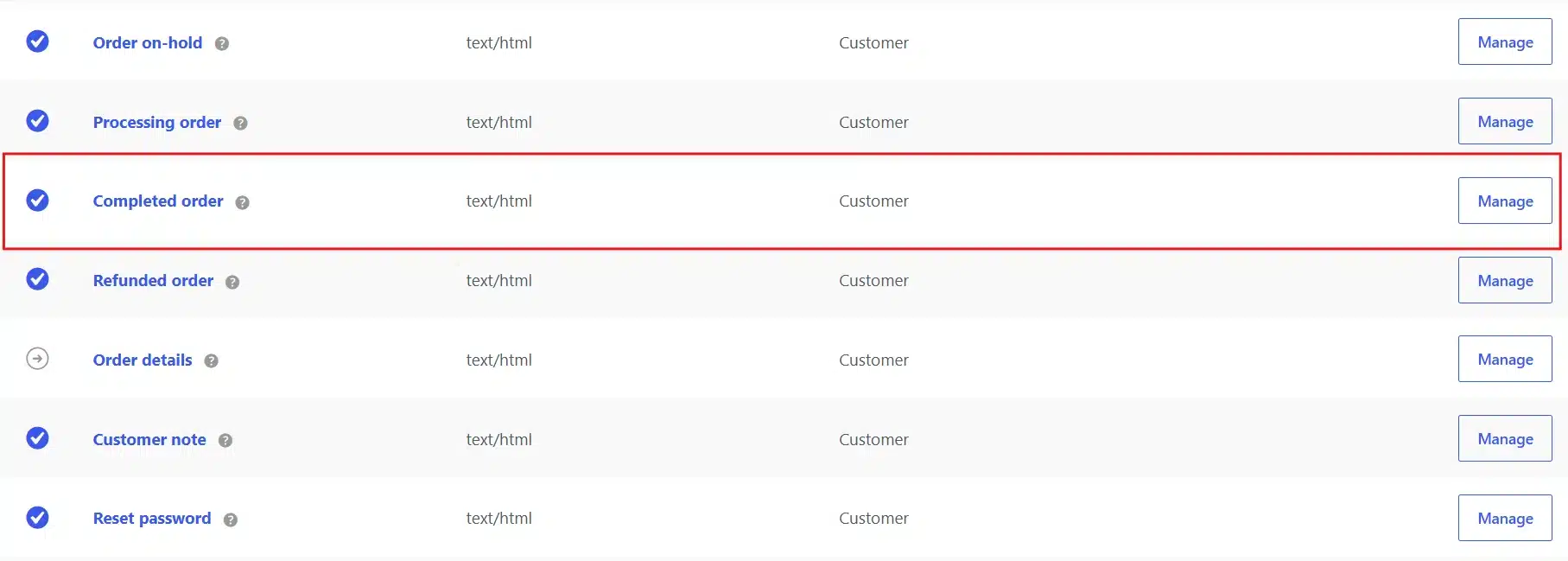 Click Manage next to "Completed Order."