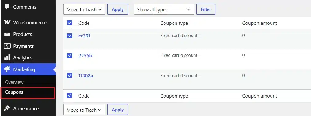 Go to WooCommerce > Coupons and repeat.