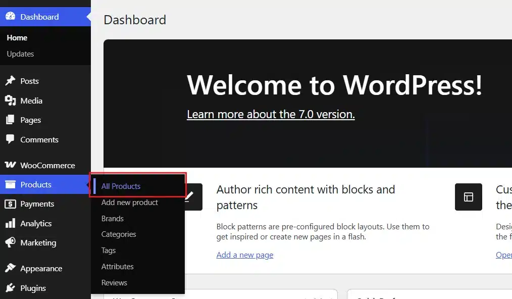 Go to Products > All Products. Select all products using the checkbox at the top.