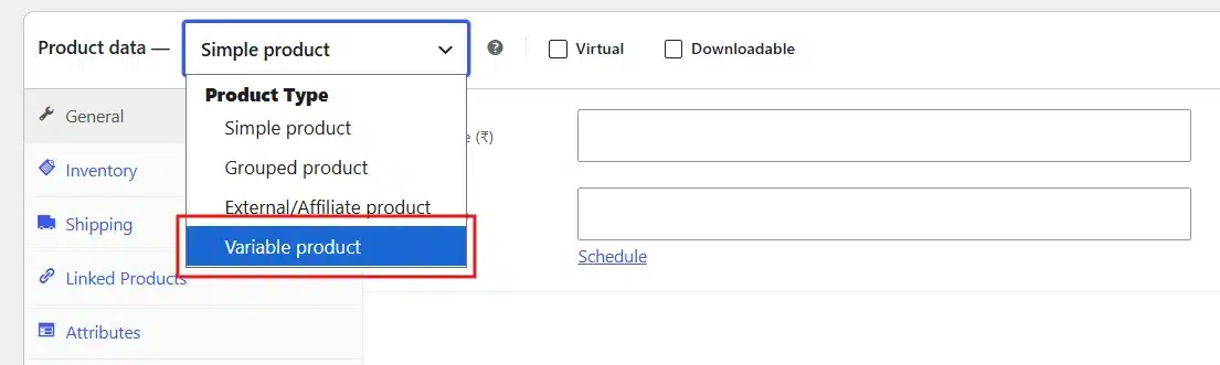 From the dropdown, select Variable product.