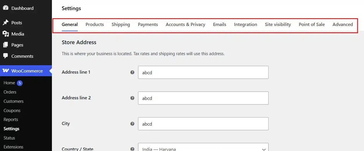 After the reset, run through the WooCommerce setup wizard. Go to WooCommerce > Settings and work through each tab: General, Products, Shipping, Payments, and Accounts.