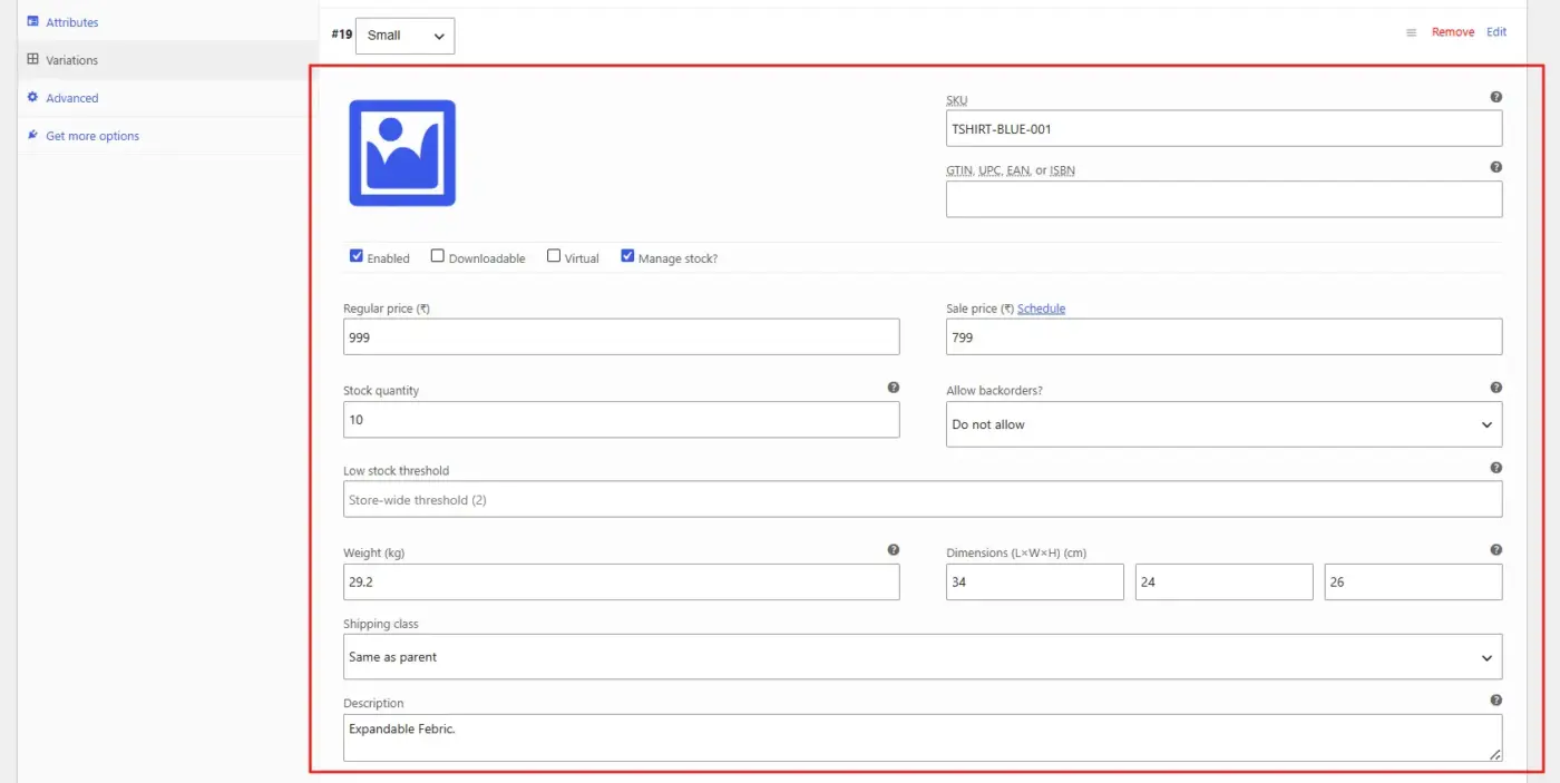 Configure each variation