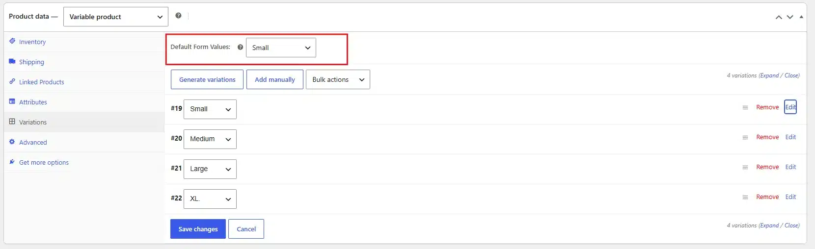 At the top of the Variations tab, set a default variation.