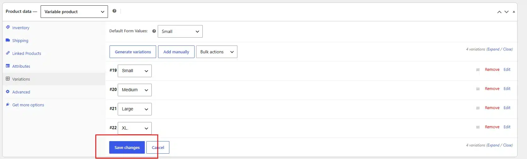 Click Save changes in the Variations tab.