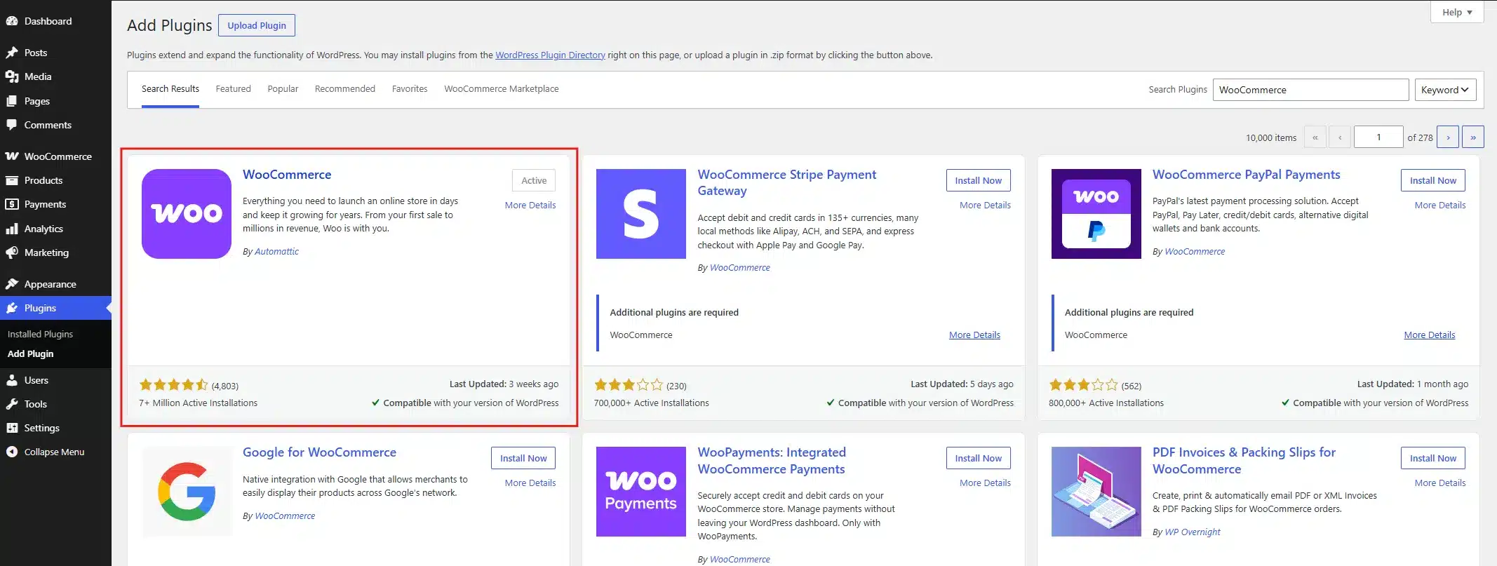 go to Plugins > Add New and install WooCommerce.