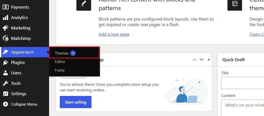 In your dashboard sidebar, go to Appearance > Themes.