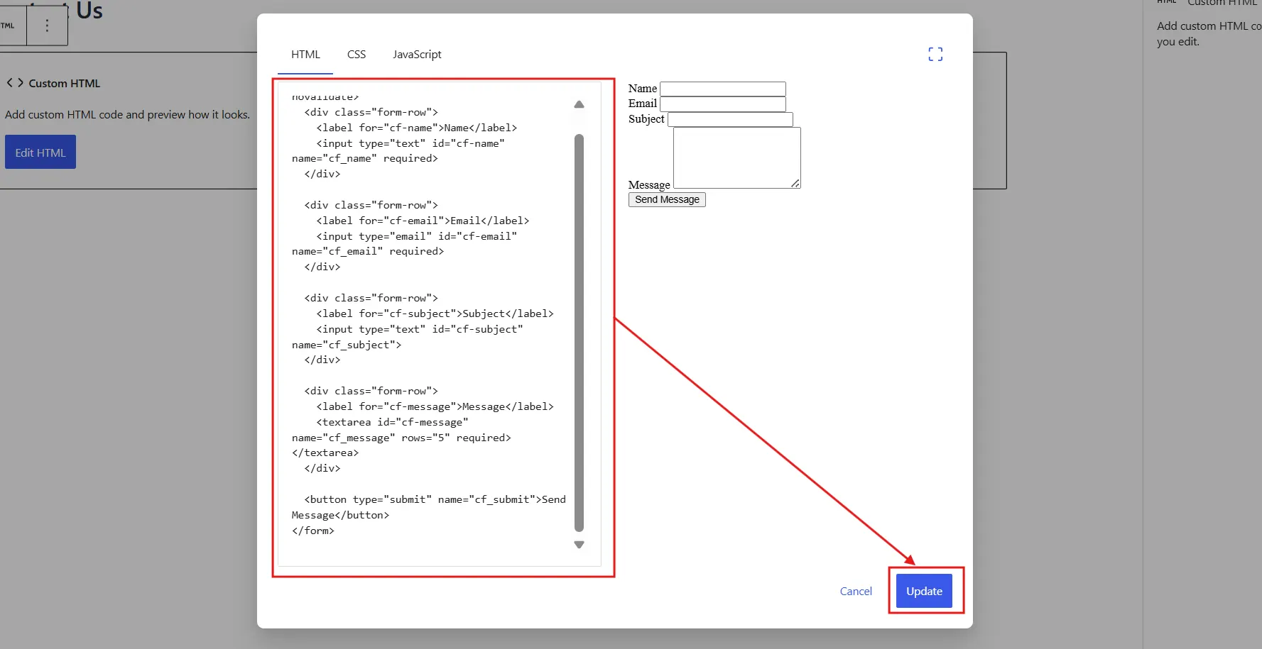 Paste in the form markup from Step 2 and click Update.