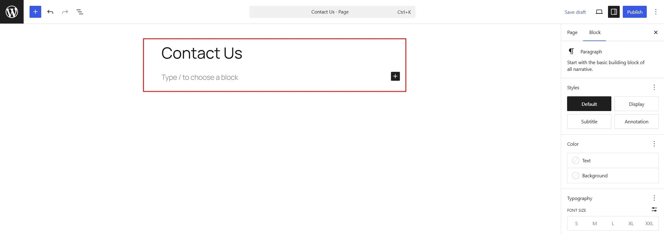 Give the page a title like Contact or Contact Us, and leave it as it is.