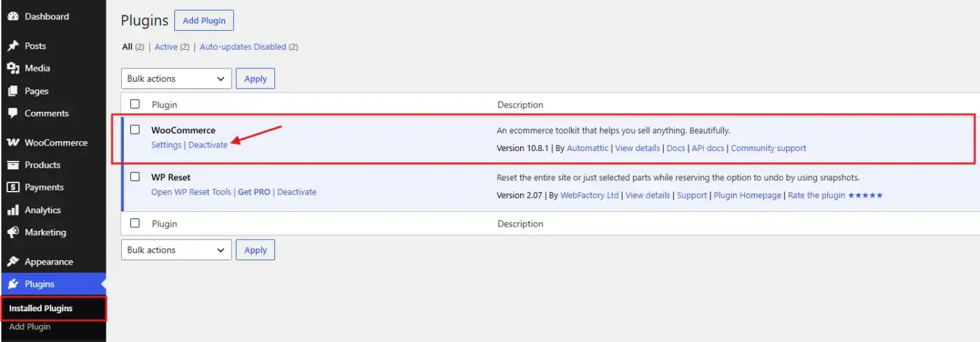 Deactivate and Delete WooCommerce