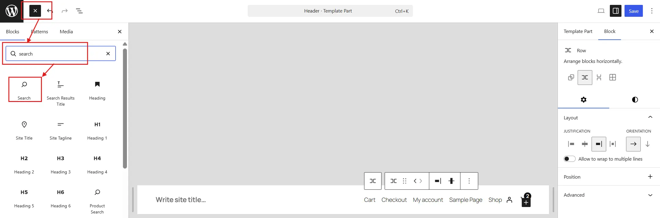 Click the + icon in the header editing area. Search for "Search" and add the block.