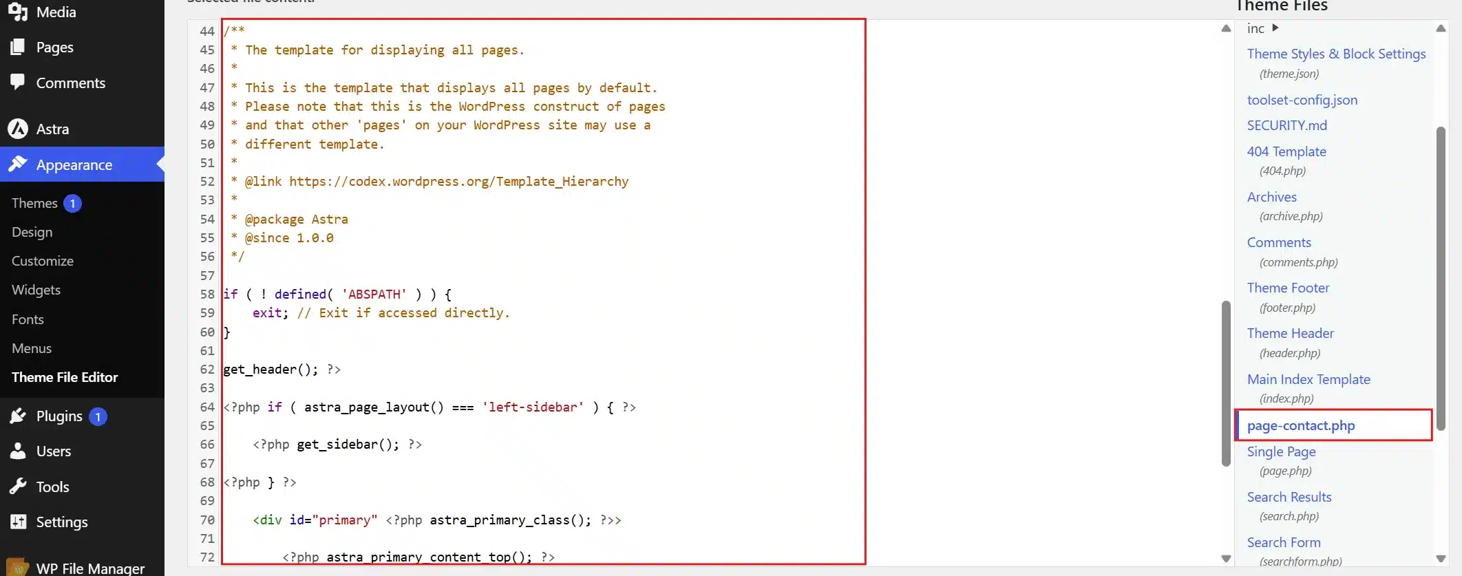Paste it into your new page-contact.php file.