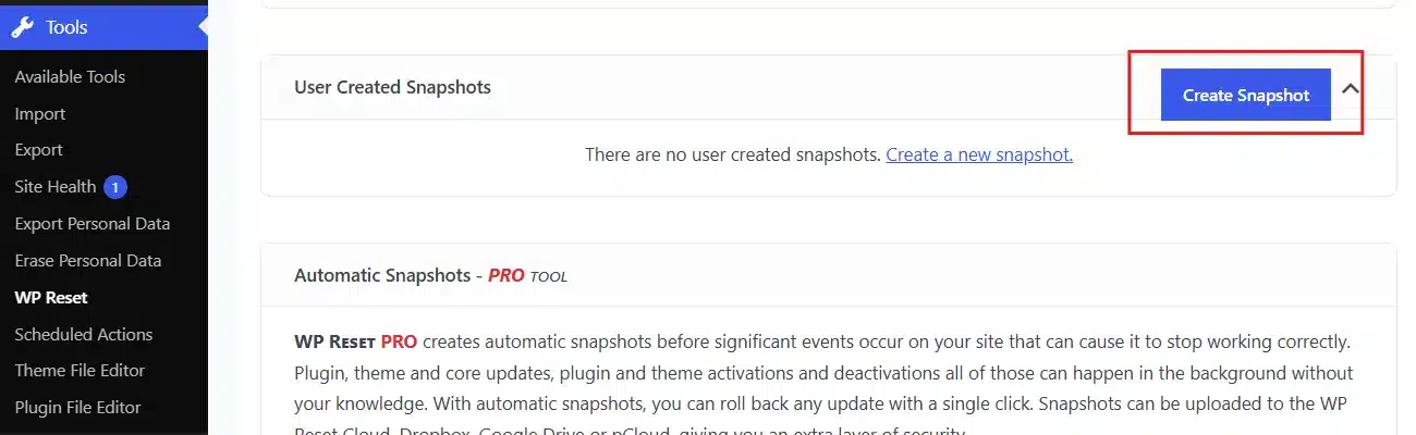 Click the Create Snapshot button.