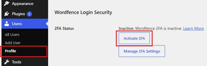 Install a 2FA plugin, scan the QR code with an authenticator app, and confirm setup.