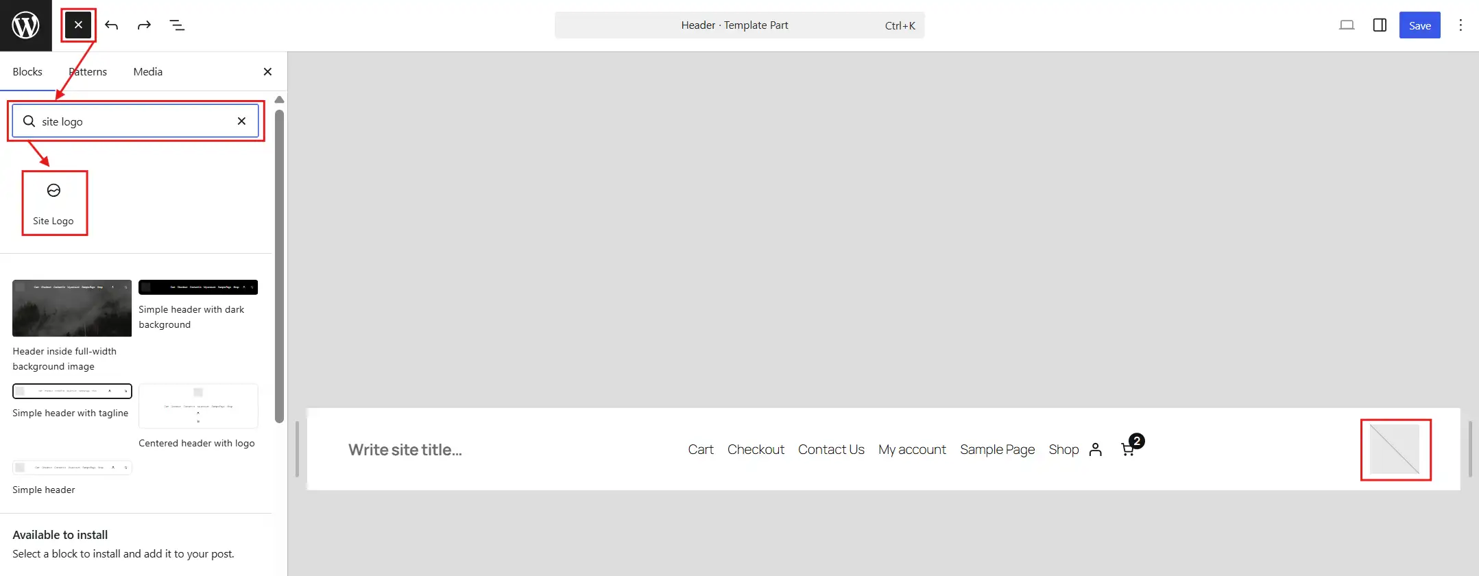 Click the + icon and search for "Site Logo" to add it.
