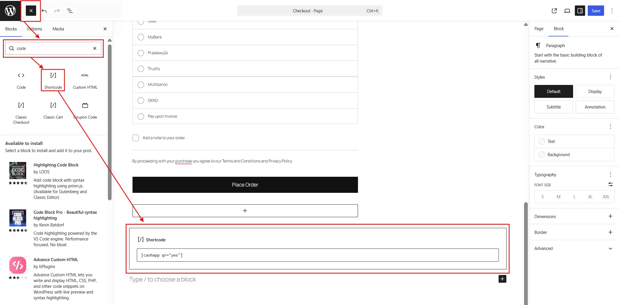 Add the plugin's shortcode to the Payment Options section.