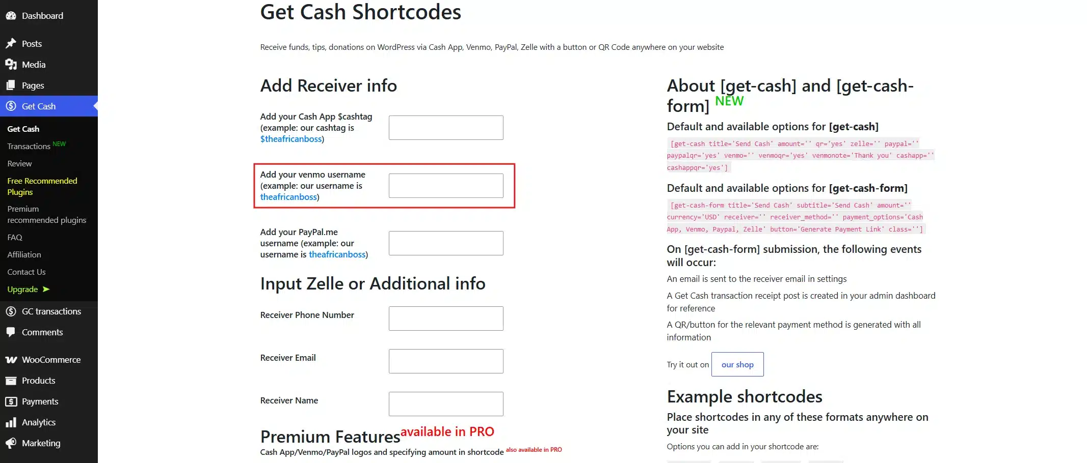 Go to the plugin's settings page and enter your Venmo username in the field provided.