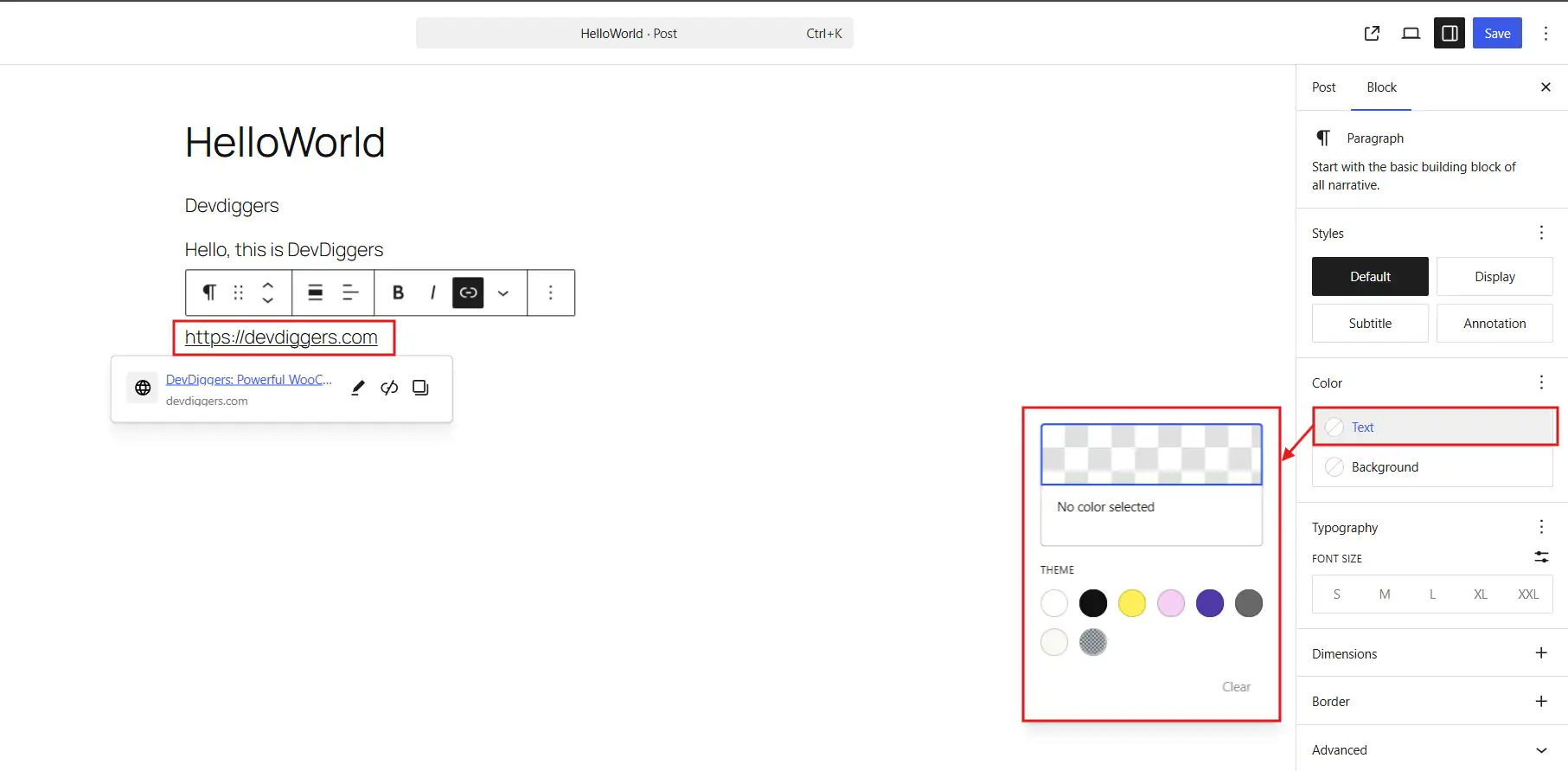 Highlight the linked text, then open the Block → Text Section and pick a colour from the palette.