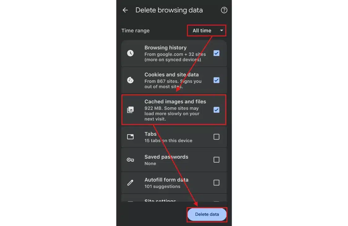 Select "All time," check "Cached images and files," and click Delete data.