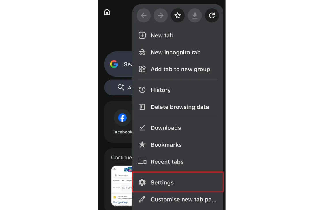 On your Android Phone, open Chrome, go to Settings.