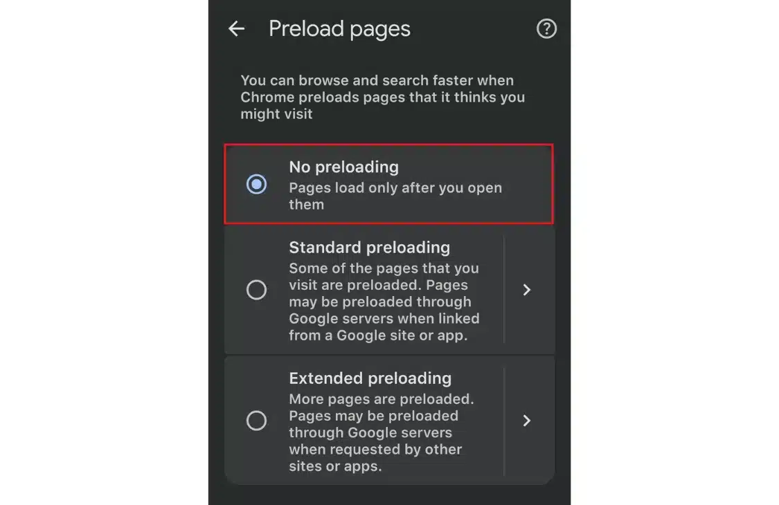 Select "Turn off". This setting silently caches DNS data for sites you haven't even visited yet.