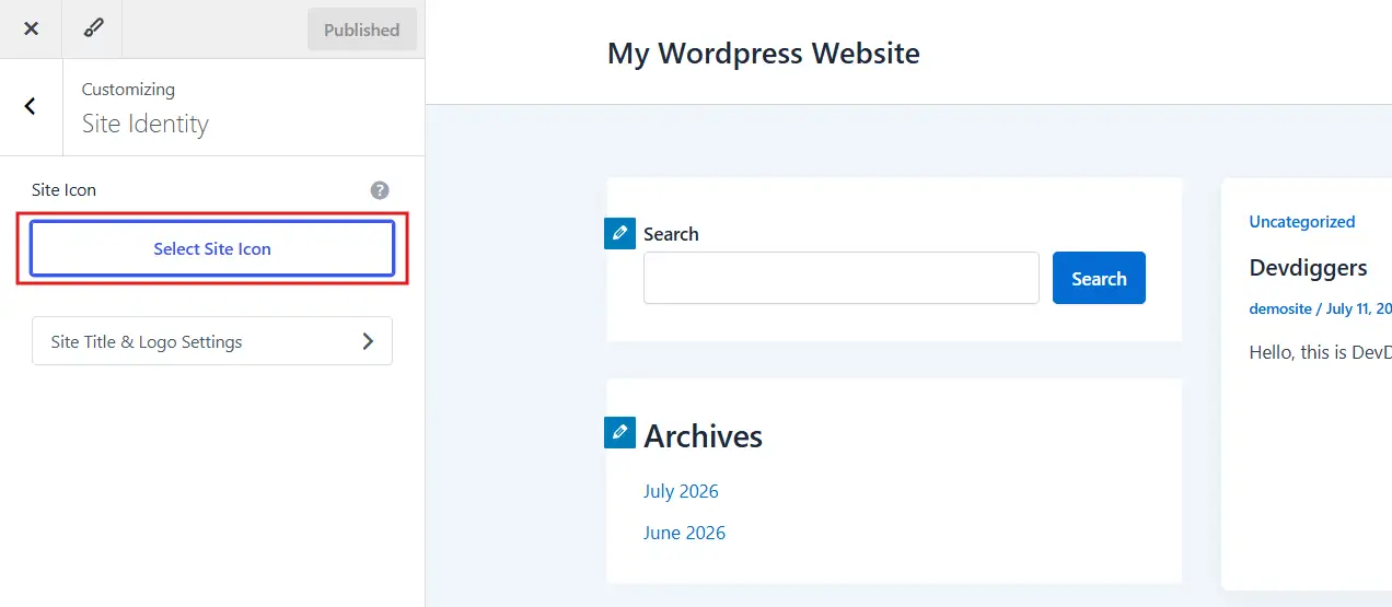 Click Select Site Icon. This opens your WordPress Media Library.