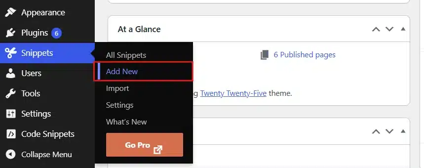 In your dashboard sidebar, click Snippets, then Add New. You'll see a title field and a code box.