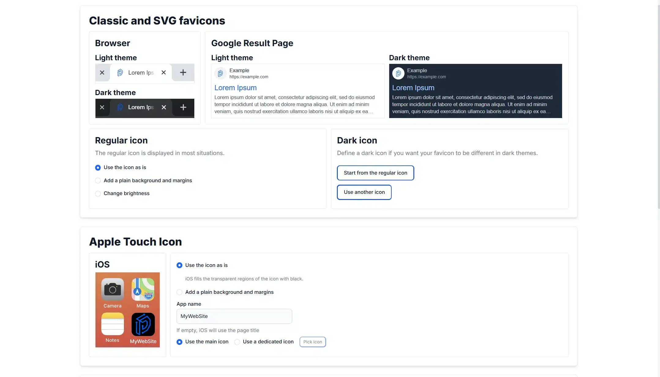 There, you can preview how the icon looks on desktop browsers, iOS, Android, and in Google search results.