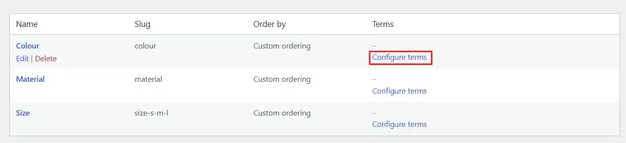 Click Configure Terms next to that same attribute.