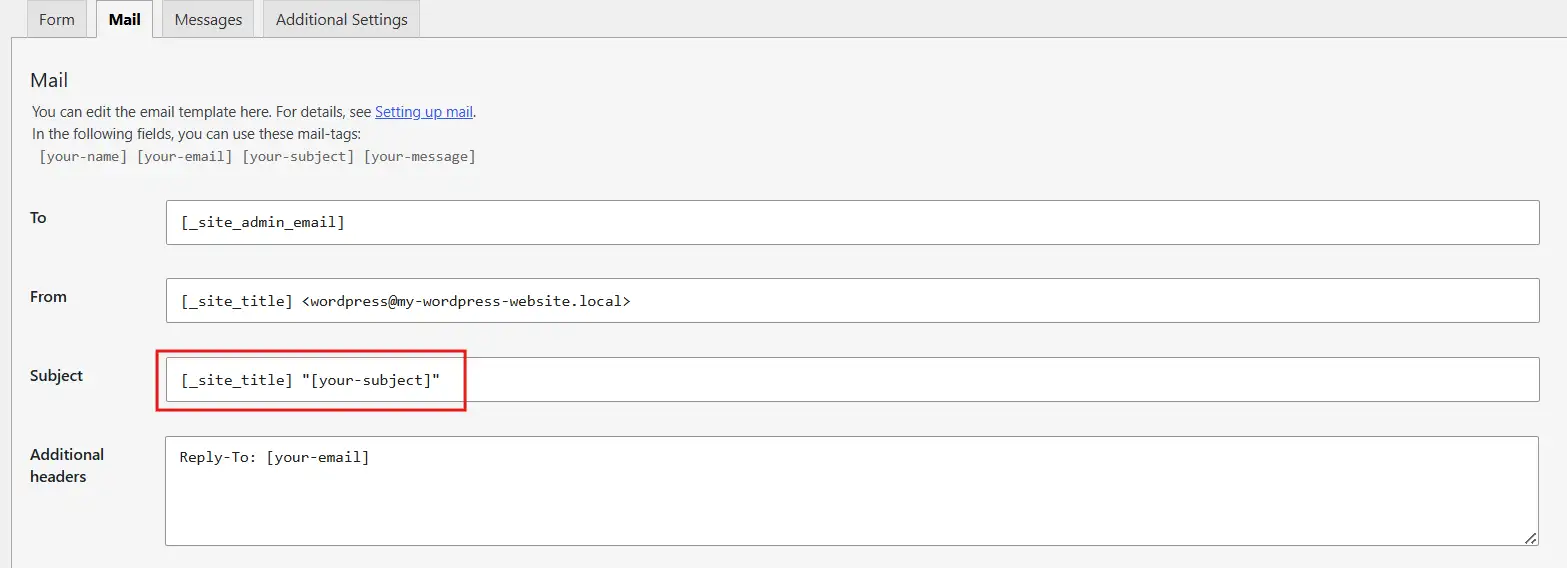 The default subject is generic. Change it to something like "New message from [your-name]" using the mail tags shown just above the field.