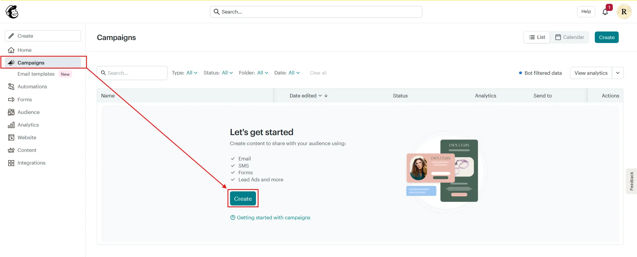 Open Campaigns inside Mailchimp and start a new email.
