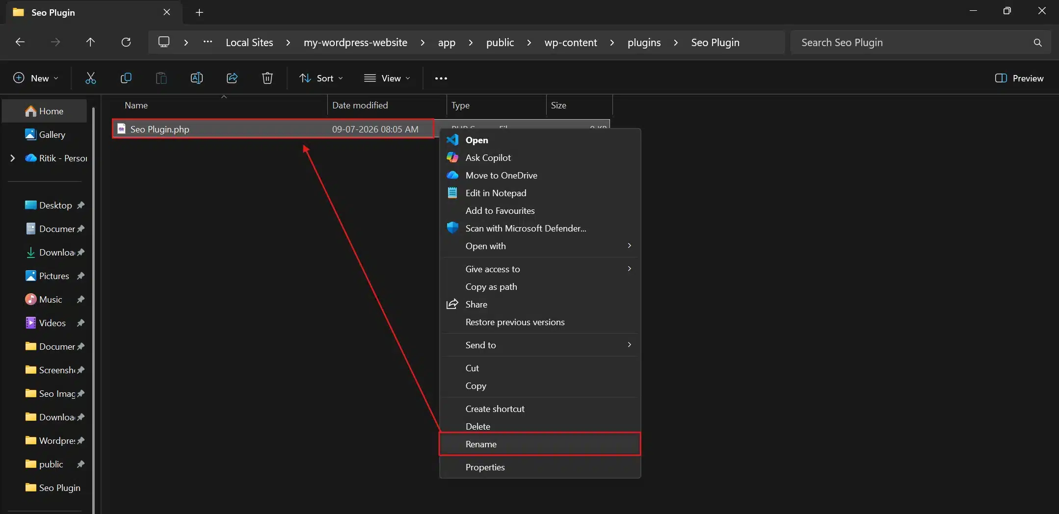 Create a .txt File with the same name and rename this .txt Extension to .php.
