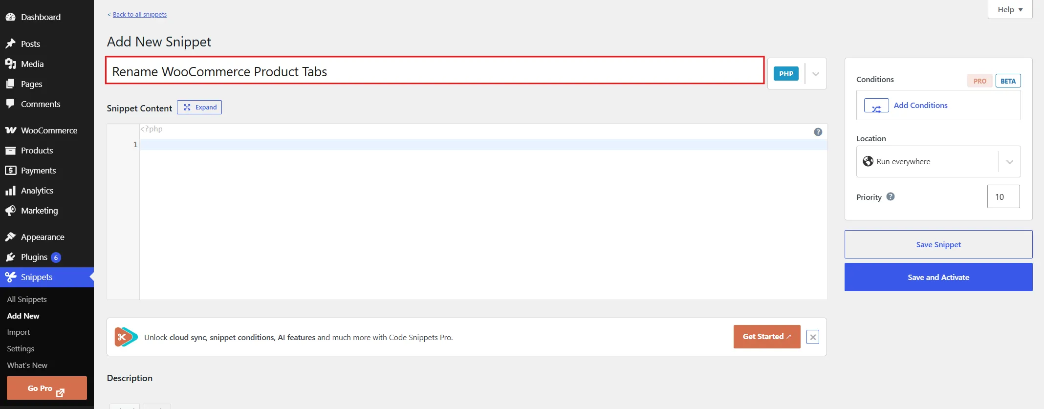 Give it a clear title, like "Rename WooCommerce Product Tabs," so you can find it later.