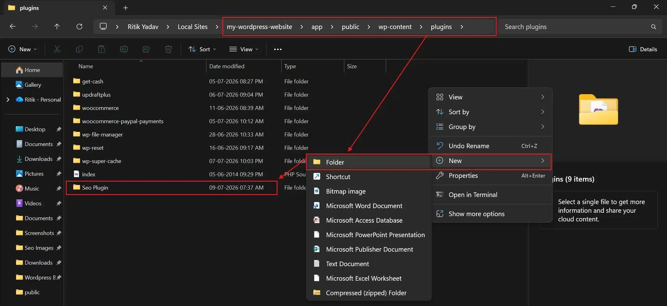 Navigate to app>public>wp-content>plugins and create a new folder. Name it something specific to your plugin.
