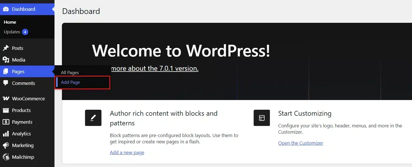 Go to Pages > Add Page in your dashboard.