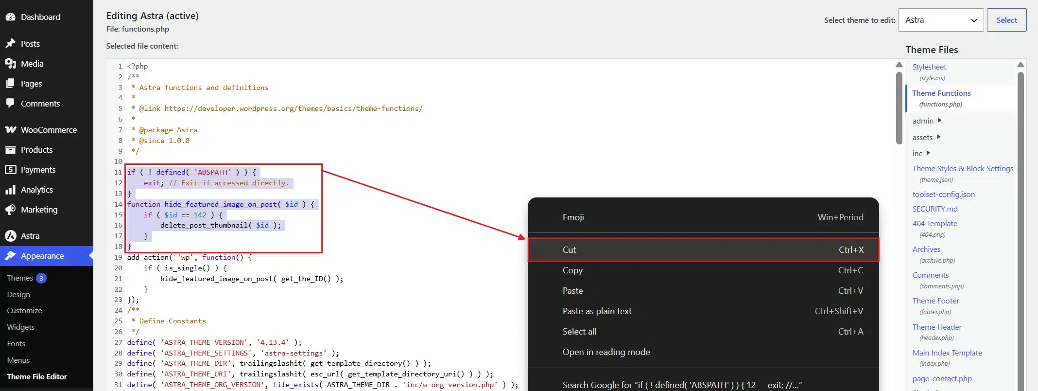 For the PHP snippet, remove the code block you added to functions.php and save the file. The featured image will show again as soon as the page reloads.