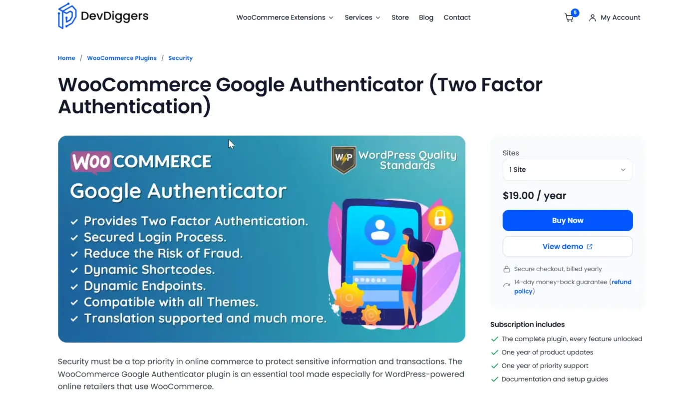 WooCommerce Google Authenticator product page with its two factor authentication features and yearly price