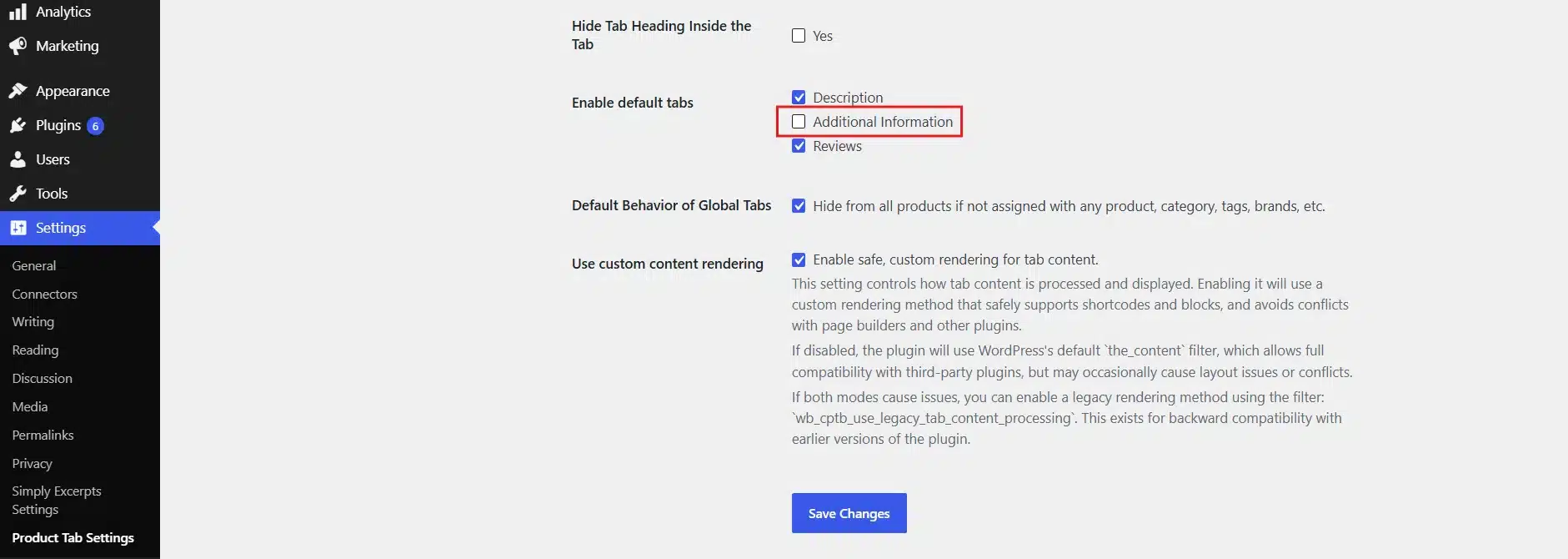 Find the toggle for the default tab you want to rename, such as Additional Information, and switch it off.