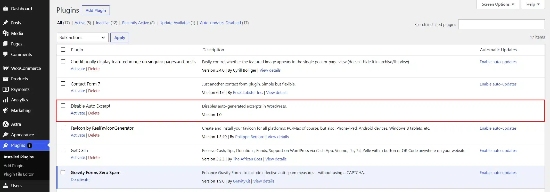 Go to Plugins, find Disable Auto Excerpt in the list, and click Activate.