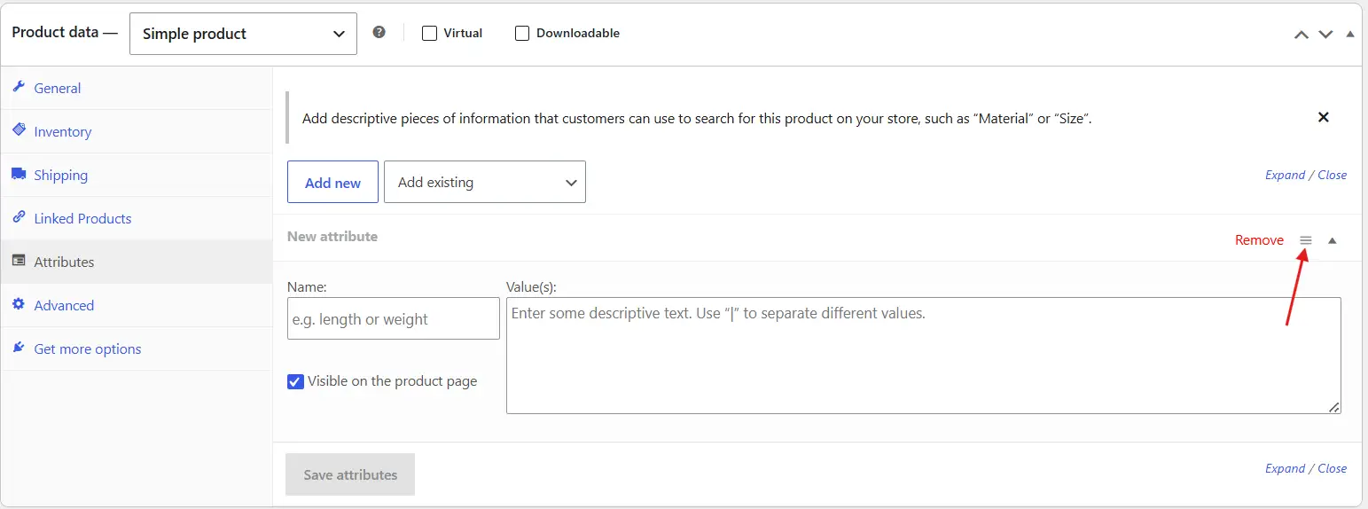 Drag each attribute row up or down by its handle to reorder it.