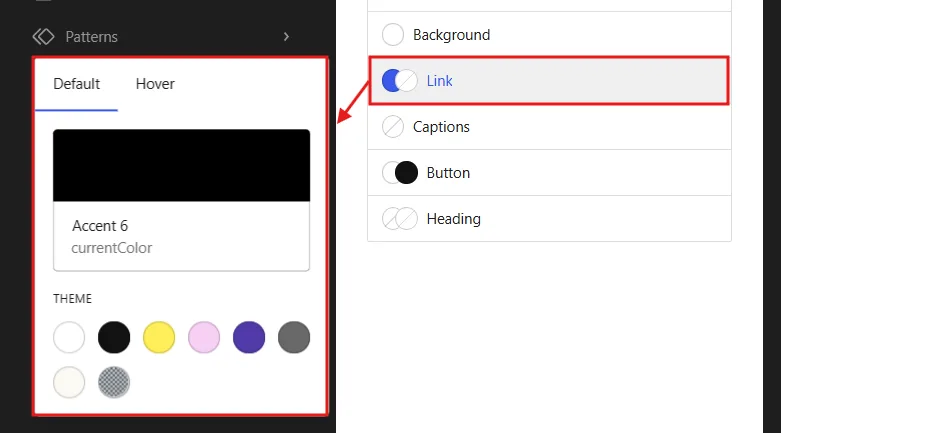 Find the Link option. Click it. You should see two settings appear: one for the default link state and one for hover.