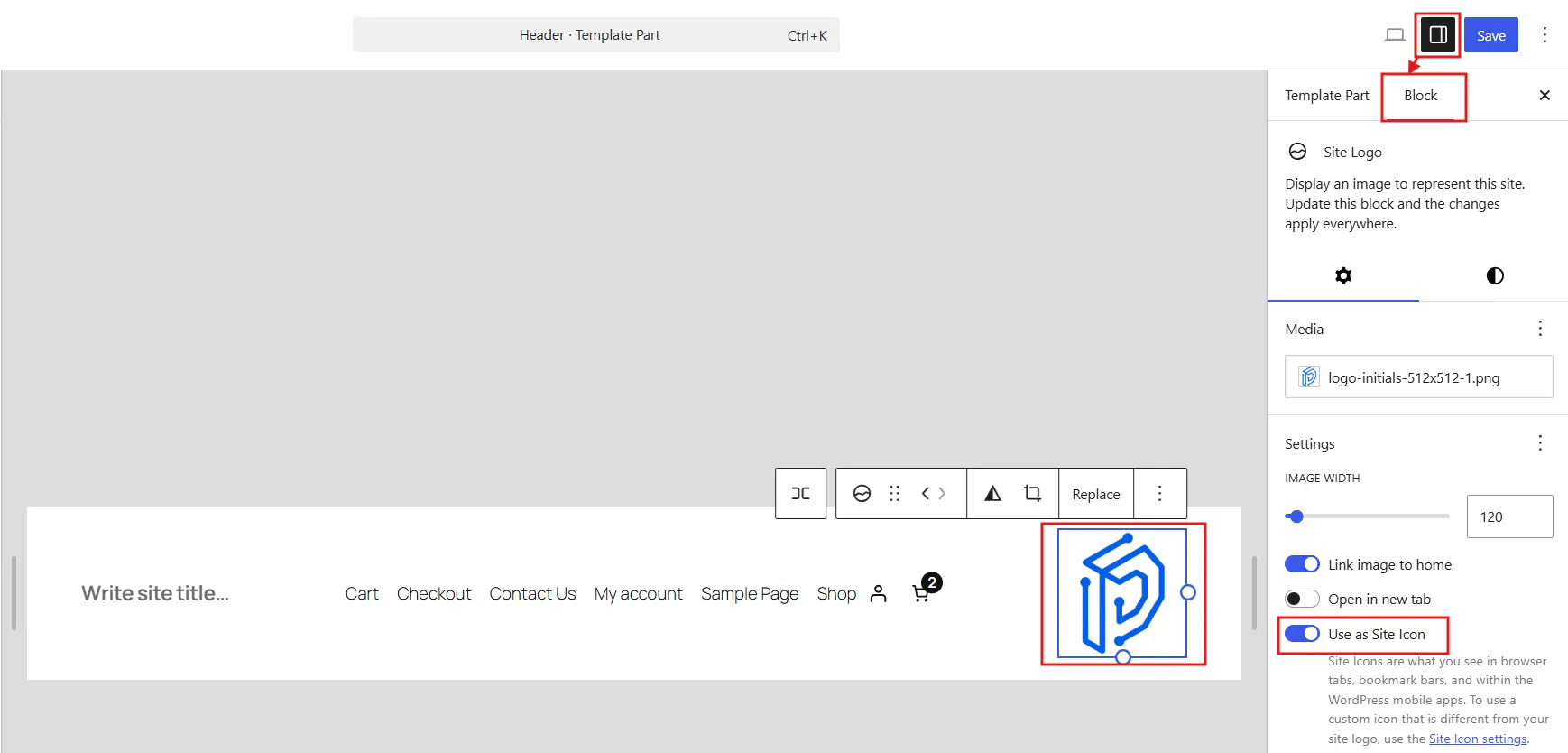 Open the block settings sidebar on the right side of the screen. Find and enable Use as Site Icon.