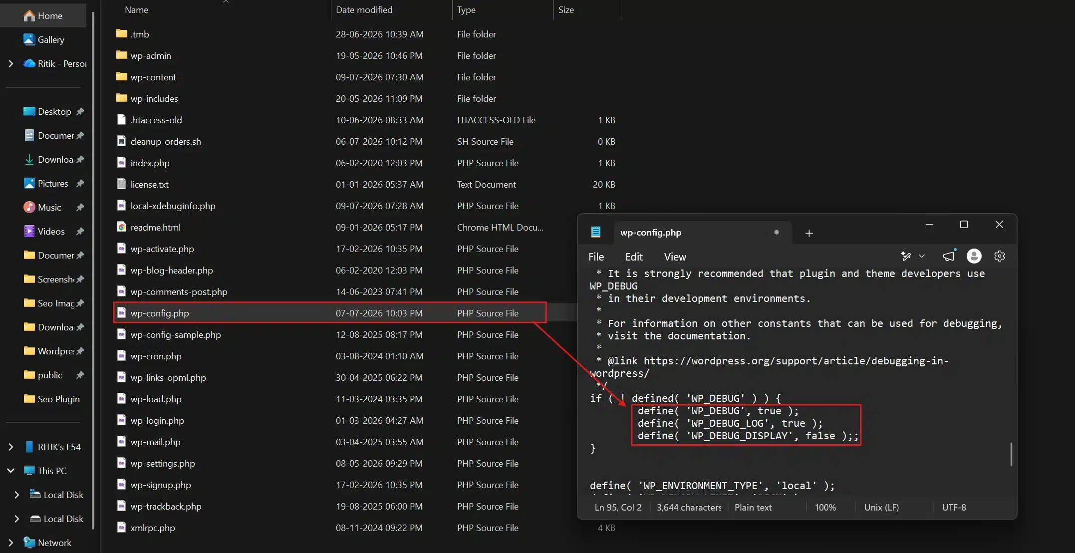 Open .wp-config.php and set .WP_DEBUG to be true, along with .WP_DEBUG_LOG to true and .WP_DEBUG_DISPLAY to false, so errors are written to a log file instead of appearing on the live page.