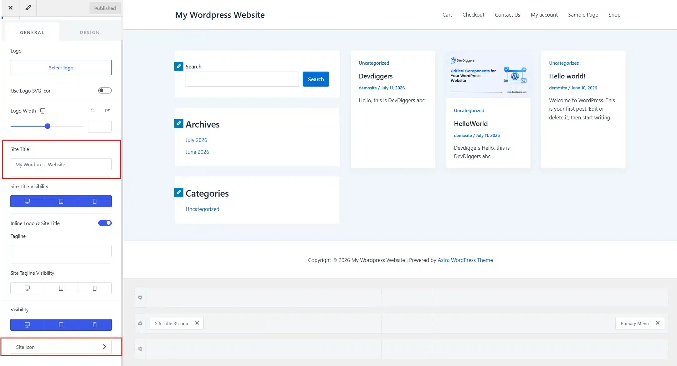 Inside Site Identity, scroll down past Site Title and Tagline until you reach Site Icon.
