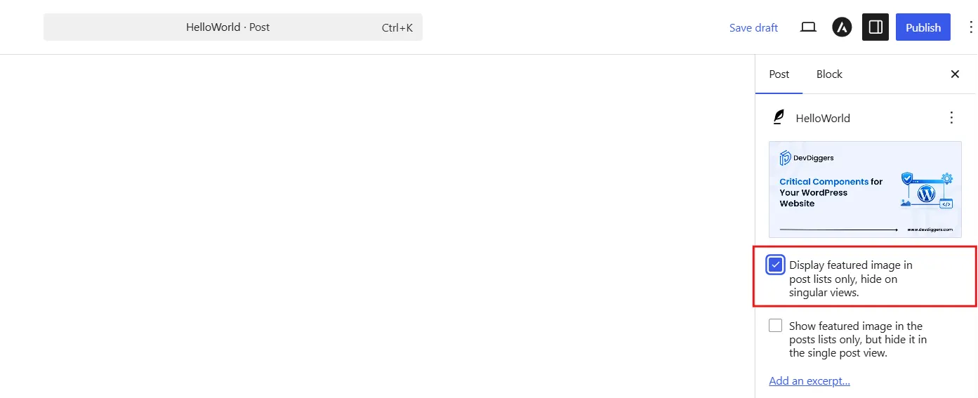 In the Featured Image panel, check the box  "Display featured image in post lists only, hide on singular views".