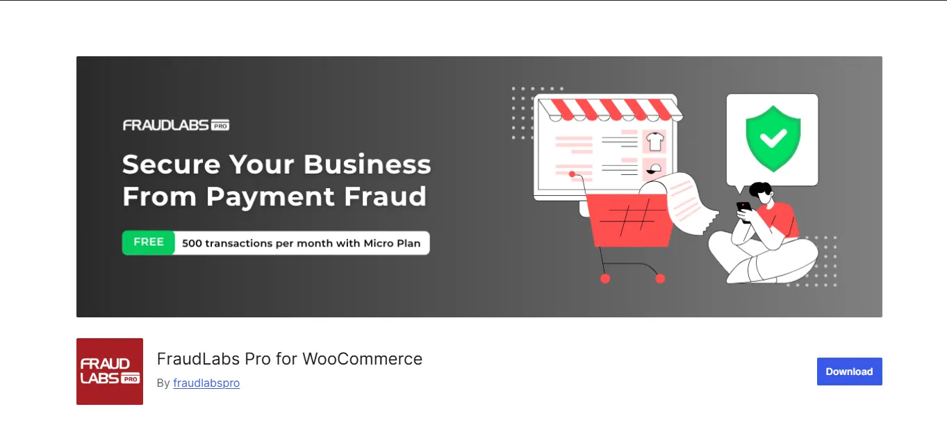 FraudLabs Pro for WooCommerce plugin listing on WordPress.org showing a payment fraud banner