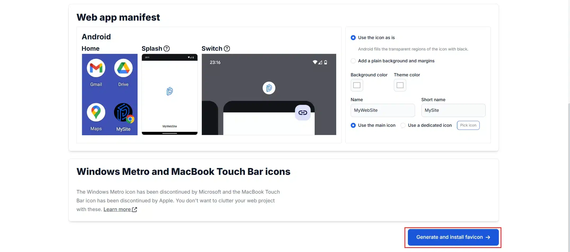 Scroll down and click Generate Your Favicons and HTML Code. The plugin installs the full icon set automatically.