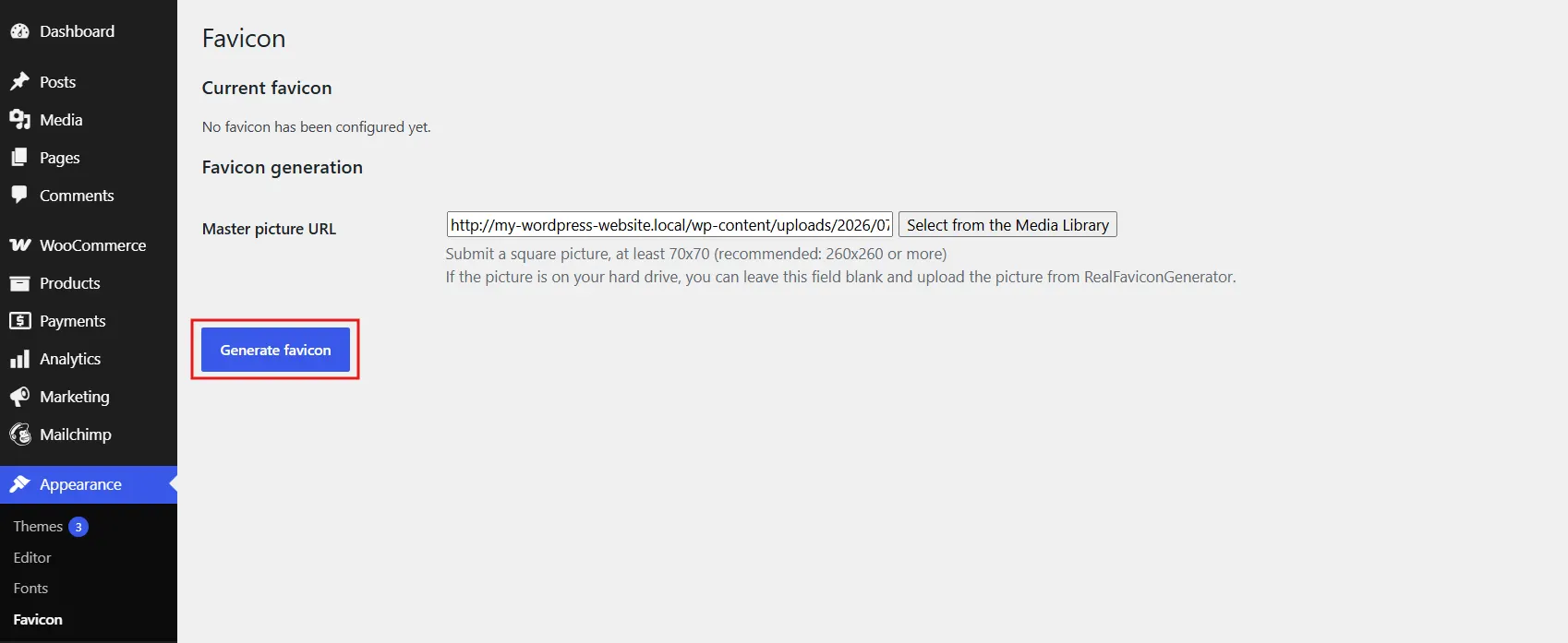 Click Generate Favicon. The plugin sends you to the RealFaviconGenerator site.