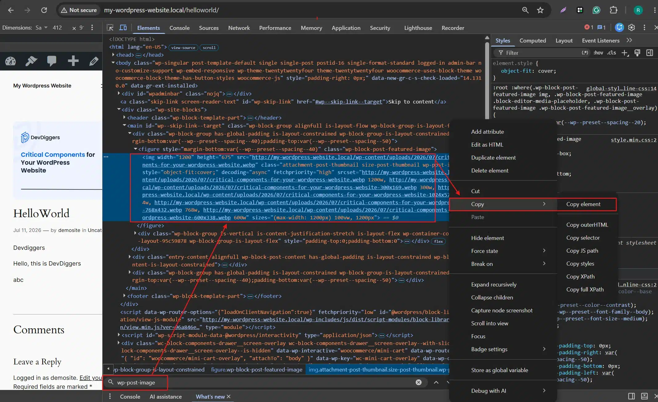 Look through the highlighted HTML for a class name like wp-post-image or post-thumbnail Copy that class name.