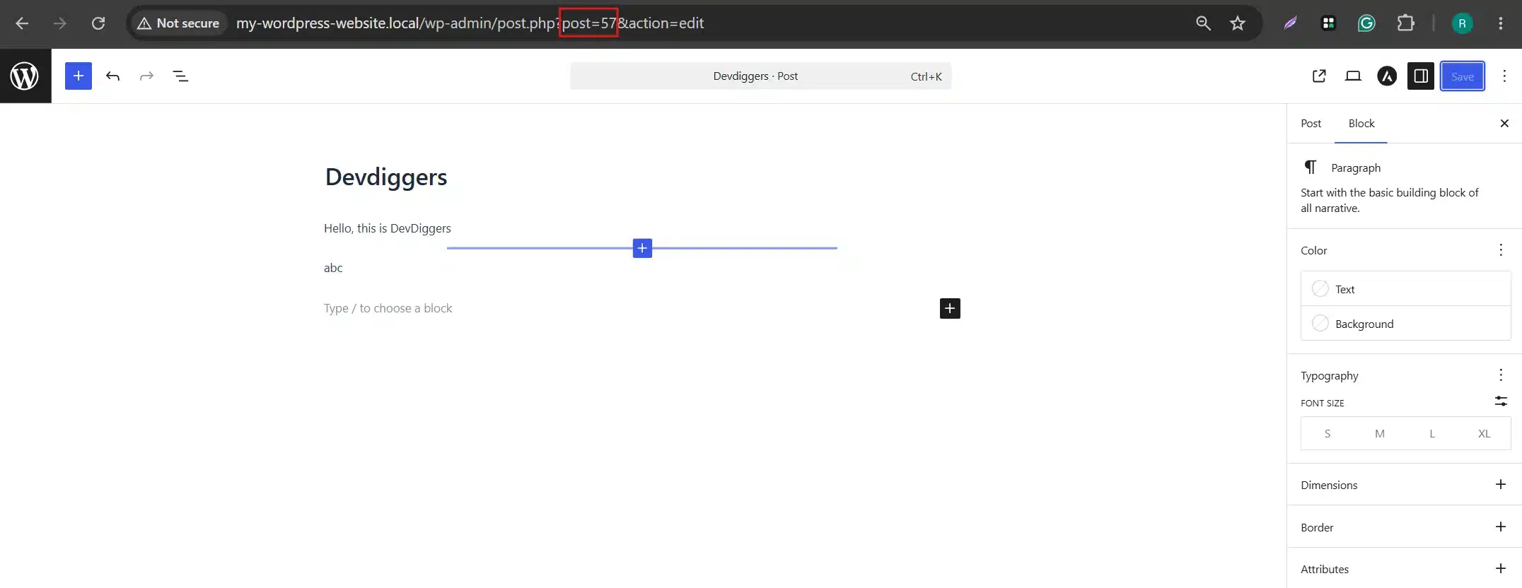 Open the post in your dashboard and look at the browser's address bar. You'll see something like post=142 in the URL. The number after post= is your Post ID.